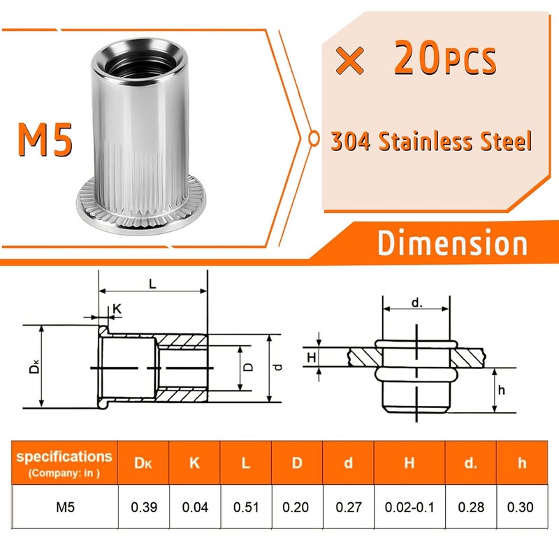 MENAIMPK Rivet Nut Tool,Hand Nuts Riveter Installation Tool Set,Rivet Nuts Tools Kit with a Drill Bit & Rivet Nuts and Flat Head Screw (M5-Rivet Nut Kit) - Image 2